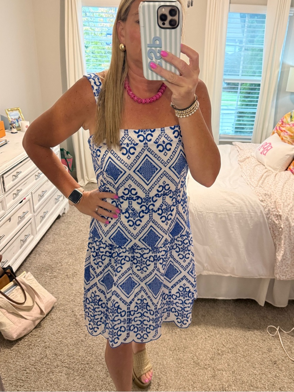Jade Melody Tam Blue White Embroidered Scallop Hem Dress L